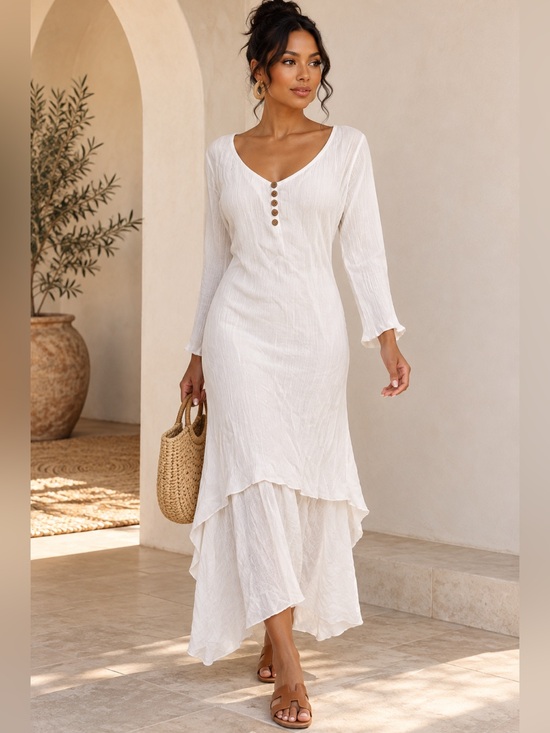 R Vivimos Dresses & Skirts - R. Vivimos White Boho Layered High-Low Long Sleeve Dress